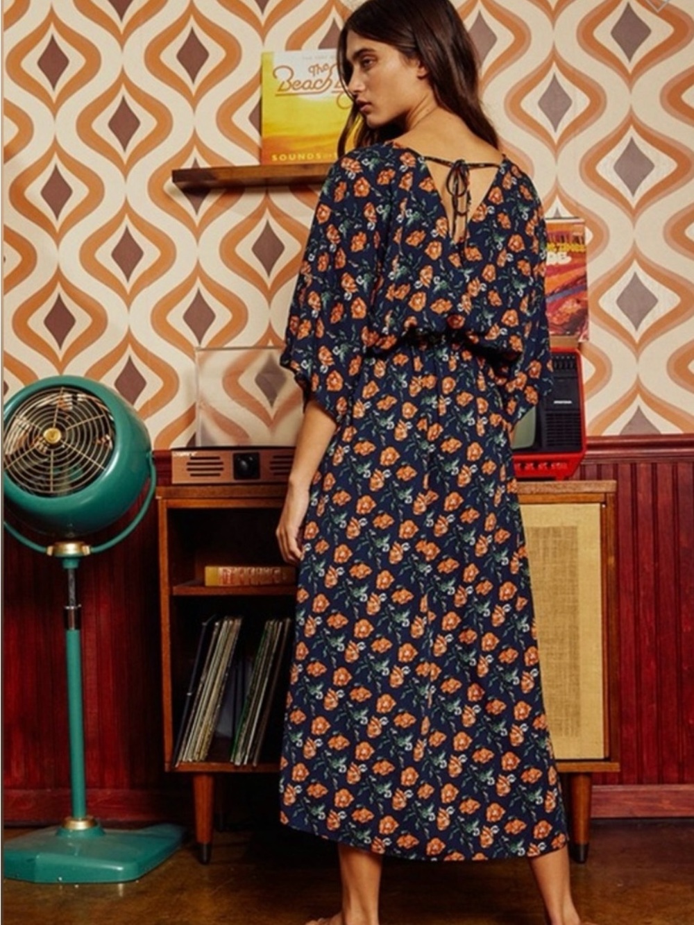 BUCKETLIST Navy Maxi Dress with Orange Floral Print